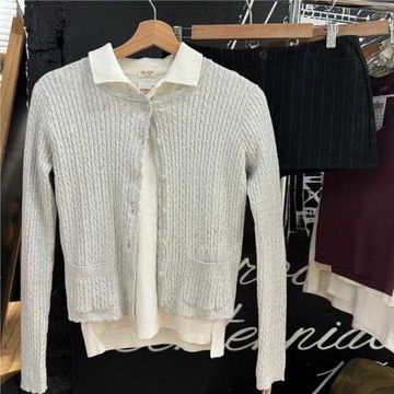 現貨Brandy  bm淺灰色花邊圓領麻花針織開衫bm單排扣顯瘦毛衣外套