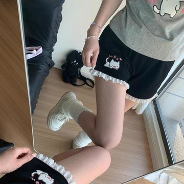♡ 𝑪𝒉𝒊𝒄 𝒖 ♡小貓二次元刺繡闊腿短褲夏季日系可愛軟妹花邊寬鬆百搭休...