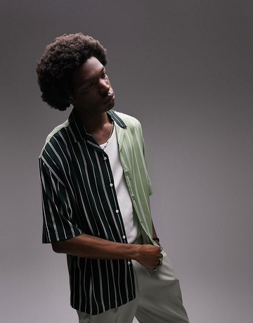 Topman short sleeve regular splice stripe revere shirt in green and sage