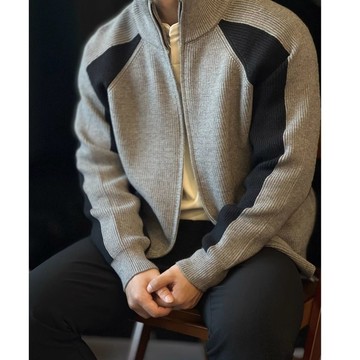 【台灣出貨】秋冬男士拼接毛衣立領拉鍊外套 時尚休閒針織上衣 保暖長袖百搭