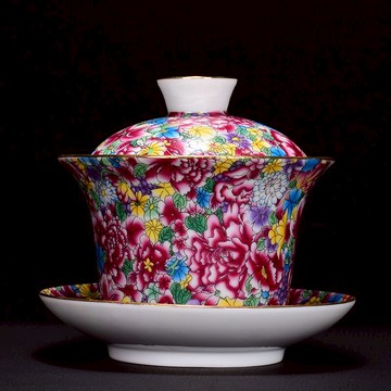 陶生活琺瑯彩蓋碗茶杯茶具茶碗大號萬花瓷泡茶碗陶瓷三才蓋碗茶杯