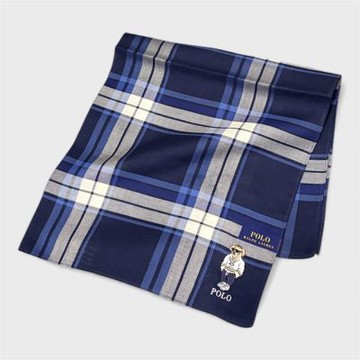 RALPH LAUREN POLO BEAR小熊刺繡格紋純棉手帕領巾(海軍藍色 48×48cm 日本製 )