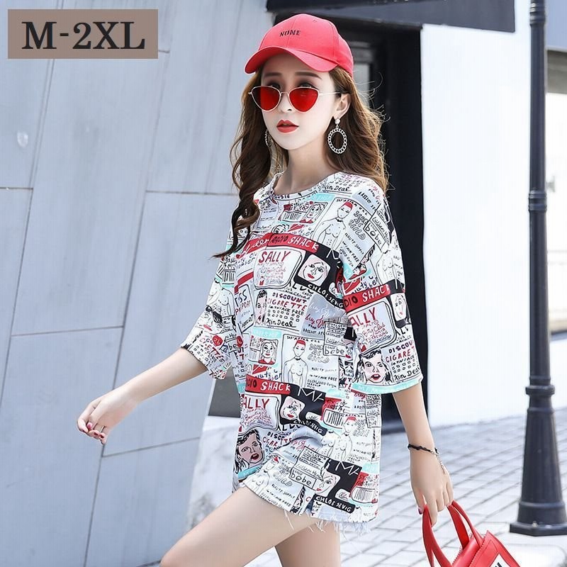 Tシャツ 五分袖 半袖 カットソー レディース 総柄 プリント カジュアル おしゃれ 大きいサイズあり ゆったり 個性的 ラフ 白 夏 M L Xl 通販 Lineポイント最大1 0 Get Lineショッピング