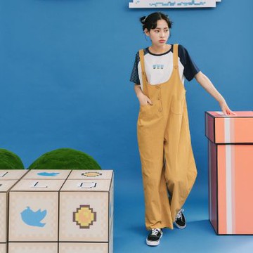 【Dailo】 可愛貓貓口袋彈性連身褲 藍 綠 黃