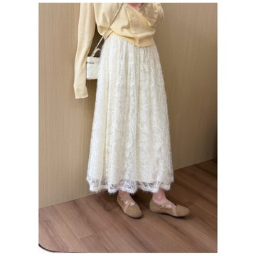 BAi白媽媽 亮片蕾絲長裙／春裝拉毛蕾絲鬆緊腰長裙 －【350781】