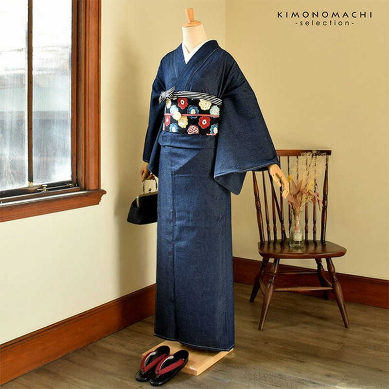 木綿着物 デニム着物 Lサイズ 単衣 味わい バチ衿 ブラック 仕立て  