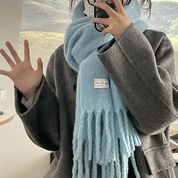 [台灣發貨]氛圍感碎冰藍純色羊毛圍巾女冬季高級感加厚保暖情侶圍脖學生披肩韓系圍巾 大圍巾 騎車保暖圍巾 圍巾披肩