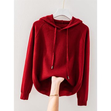 毛衣女秋冬寬松外套帶帽子上衣可以外穿的紅色連帽針織內搭打底衫