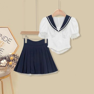 小個子學院風兩件套女海軍領減齡泡泡袖上衣JK女團風百褶裙套裝夏