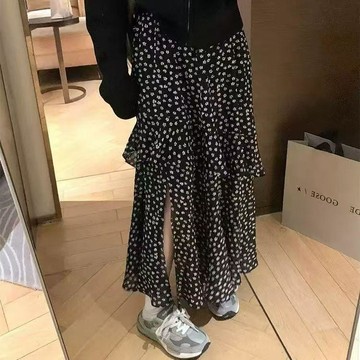 【小隻女】荷葉邊 碎花半身裙女 超仙百搭 開叉 中長款 a字裙 半身裙 長裙女裙