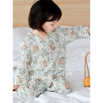 兒童睡衣夏季薄款竹棉紗布寶寶長袖長褲空調服男女童家居服套裝