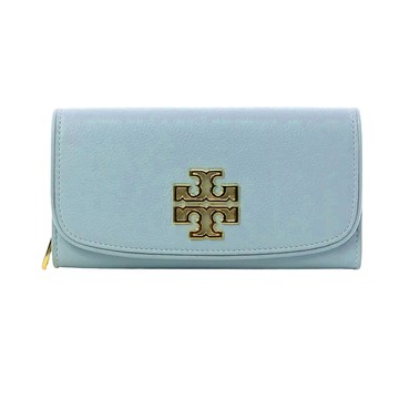 TORY BURCH - 雙T LOGO皮革翻蓋長夾 (淺藍)