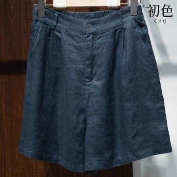 初色 純色鬆緊腰寬鬆顯瘦五分褲休閒褲寬褲短褲-共2色-12681(M-2XL可選/現貨+預購)