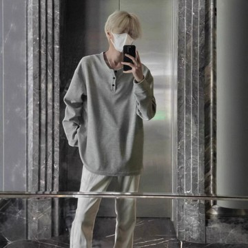 男士純色美式亨利領長袖t恤男春秋新款潮牌高級感內搭打底衫男裝鑫弘-衣錦男裝