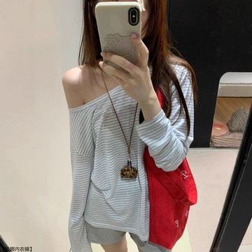小個子絕美韓系設計感藍條紋斜肩長袖T恤女露肩小衫上衣