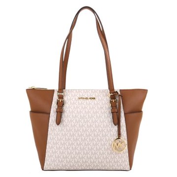 MICHAEL KORS 雙側口袋拼色防刮PVC 拉鍊托特包(駝x白)
