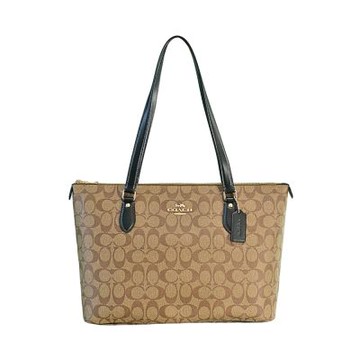 COACH 卡其C LOGO PVC黑色背帶金字後拉鍊袋肩背托特包