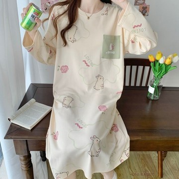 純棉可愛生長袖睡裙中長款ins睡衣新款睡裙可外卡通家居服女生睡衣 可愛睡衣 卡通睡衣 居家睡衣  休閒睡衣 寬鬆睡衣 睡