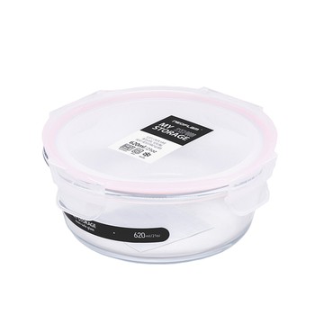 NEOFLAM專利耐熱玻璃保鮮盒 圓形-620ml (粉紅膠條)