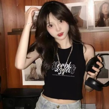 白鹿my同款超火潮運動大圓領字母印花無袖吊帶背心t恤女