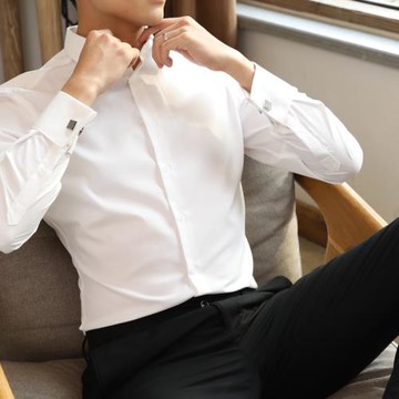 法式襯衫男長袖修身免燙商務正裝新郎伴郎結婚袖扣西裝白襯衣職業