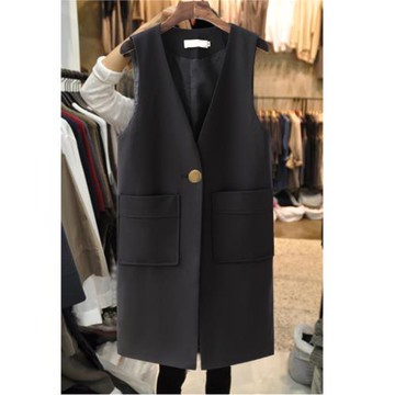 春秋V領中長款馬甲女2024春秋新款韓版后背多扣坎肩顯瘦馬夾外套