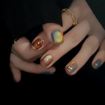 台灣現貨 𝕌ℕ𝕀𝕂𝕆𝕆【秋葉喃】純手工穿戴甲 秋冬高級感 琥珀暈染 糖果色貓眼穿戴甲 指甲貼片 手工指甲