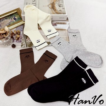 【HanVo】可愛小狗插畫刺繡中筒襪 學院風質感舒適棉質襪 韓系潮流時尚休閒襪 女生配件 A12-6330