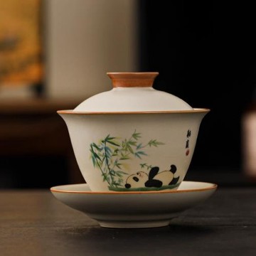 米黃汝窯三才蓋碗不燙手單個泡喝茶碗高檔功夫茶具大號陶瓷敬茶杯