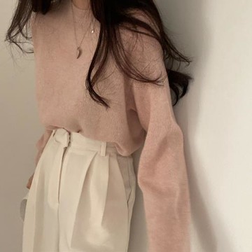 韓國chic秋冬基礎百搭純色軟糯圓領套頭毛衣長袖羊絨混紡針織衫女