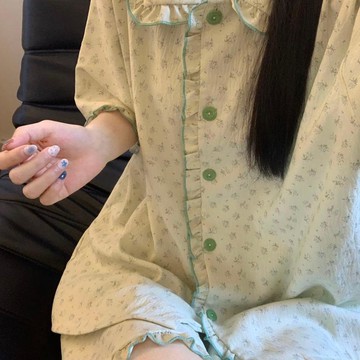 DUYI~夢詩 睡衣女溫柔森系綠碎花清閒荷葉邊夏季短袖短褲翻領顯瘦家居服套裝