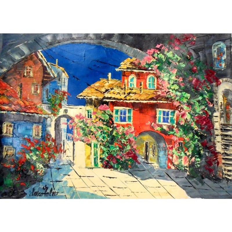 油絵 絵画 マルコ 作 イタリア風景・アヴルッツォの町 リビング