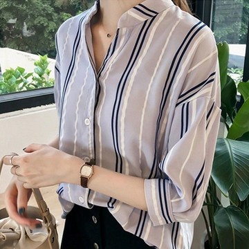 大碼七分袖條紋襯衫 2026新款女裝條紋襯衫女七分袖大碼寬松休閑上衣時尚百搭襯衣 修身顯瘦襯衫 韓版襯衫 夏天衣服