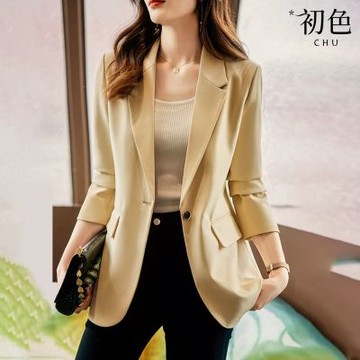 初色 韓系純色裝飾釦修身翻領正肩長袖西裝外套外套女外套-共3色-15456(M-3XL可選)