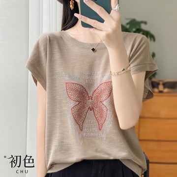 初色 燙鑽蝴蝶圓領棉麻風薄款短袖T恤上衣女上衣-共5色-35919(M-2XL可選)