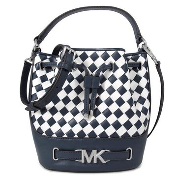 MICHAEL KORS 銀字MK LOGO編織水桶中款兩用包(藍白雙色)