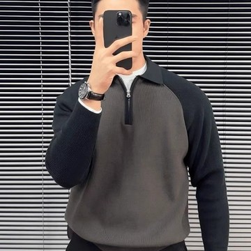 高級感小眾撞色針織帥氣POLO衫男翻領春秋季韓版毛線衣男