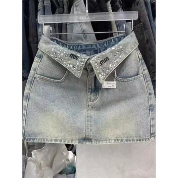 2025水洗翻領設計感半身裙小眾鑲鉆刺繡淺藍色a字牛仔短裙女辣妹
