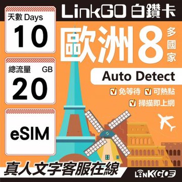 LINKGO白鑽卡 歐洲8國 eSIM卡 10天上網卡 總流量20GB (歐洲網卡 法國 瑞典  奧地利 英國)