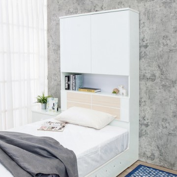 Birdie南亞塑鋼-3.5尺單人二門多功能加高收納型塑鋼床頭箱(不含床底)(白色+白橡色)