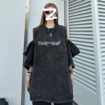 美式高街可拆卸短袖t恤男潮牌水洗做舊夏季街頭寬松坎肩背心體恤