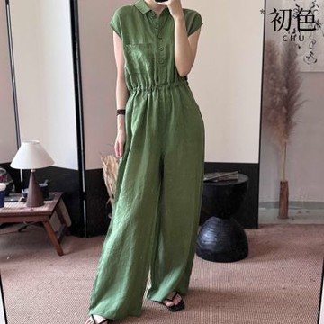 初色 簡約棉麻風翻領工裝寬鬆顯瘦鬆緊腰短袖連身連體褲-共2色-13771(M-2XL可選)