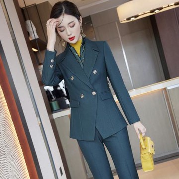 墨綠雙排扣西裝外套女秋冬新款高端氣質女神范職業正裝時尚工作服