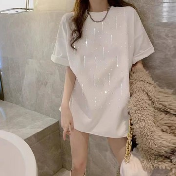 臺灣熱賣重工燙鑽流星雨純棉T恤女2026年夏季新款慵懶風寬鬆遮肉上衣潮BMV