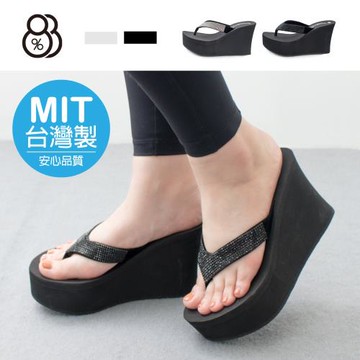 【88%】MIT台灣製 前4後9.5cm拖鞋 氣質百搭滿版水鑽 楔型厚底圓頭涼拖鞋 夾腳拖鞋 人字拖鞋