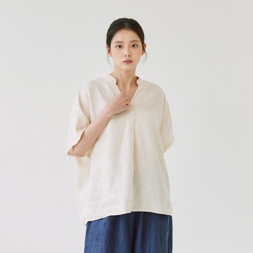 簡約V領亞麻上衣 杏F