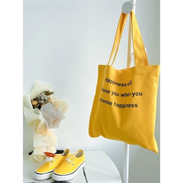 快樂限定’自制夏日明黃簡約印花大容量帆布包亮色單肩包拉鏈內兜