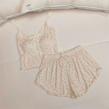 【臺灣出貨】帶胸墊碎花吊帶睡衣女 新款純欲風 清涼舒適 家居服兩件套 可外穿