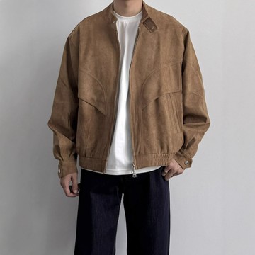 美式復古仿麂皮絨立領哈靈頓夾克春秋季男生休閑寬松百搭純色外套鑫弘-錦衣華服