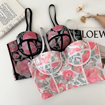 復古性感百搭花朵印花修身顯瘦魚骨抹胸吊帶背心內搭文胸打底衫女